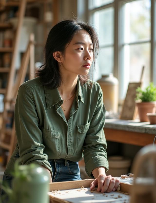 アトリエで佇む作家のポートレート